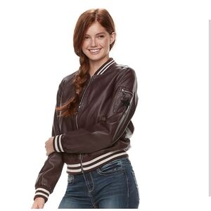 Madden NYC Juniors' Brown Full Zip Striped Accent Faux Leather Jacket Size XL